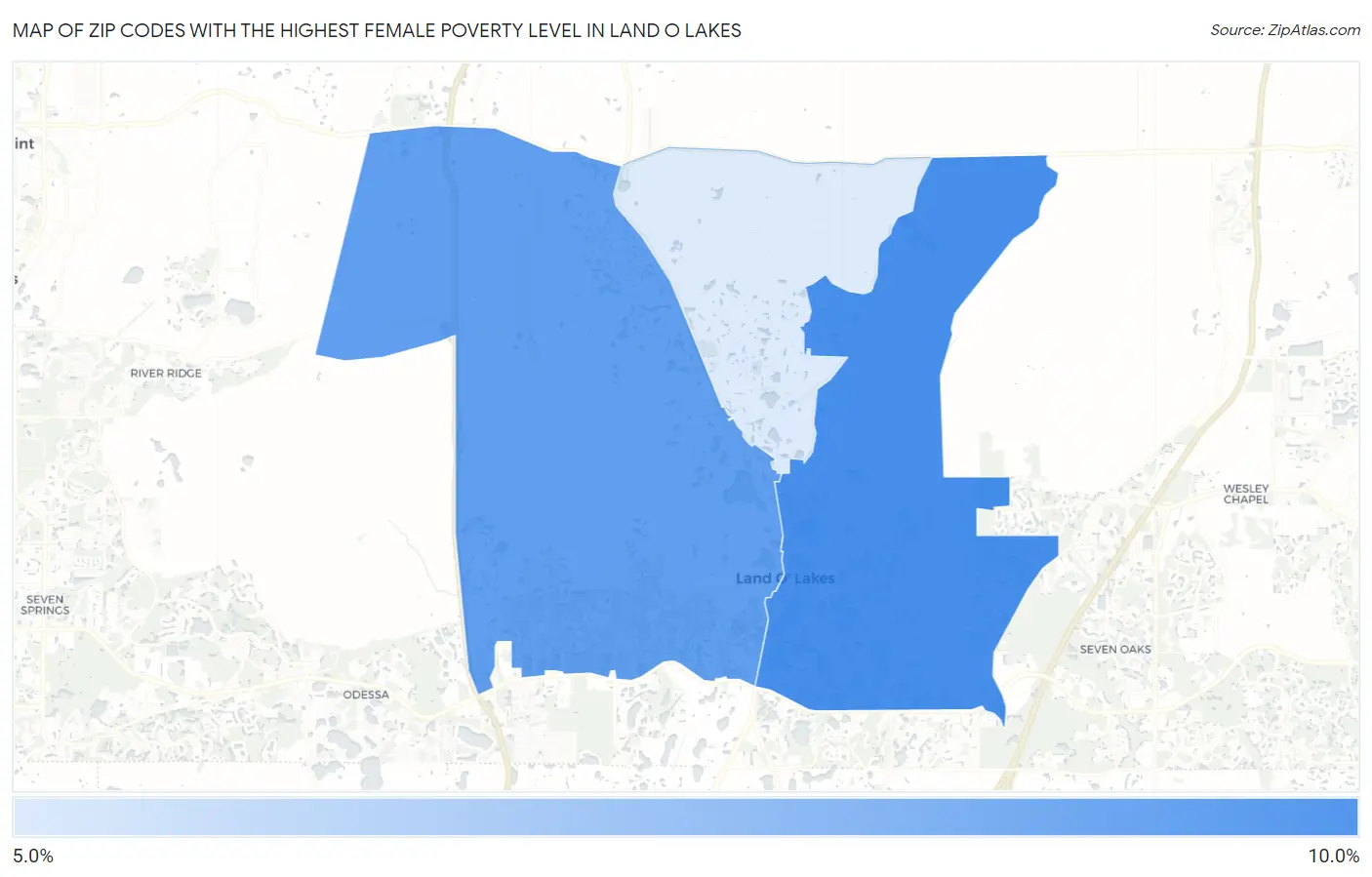 Zip Codes with the Highest Female Poverty Level in Land O Lakes Map