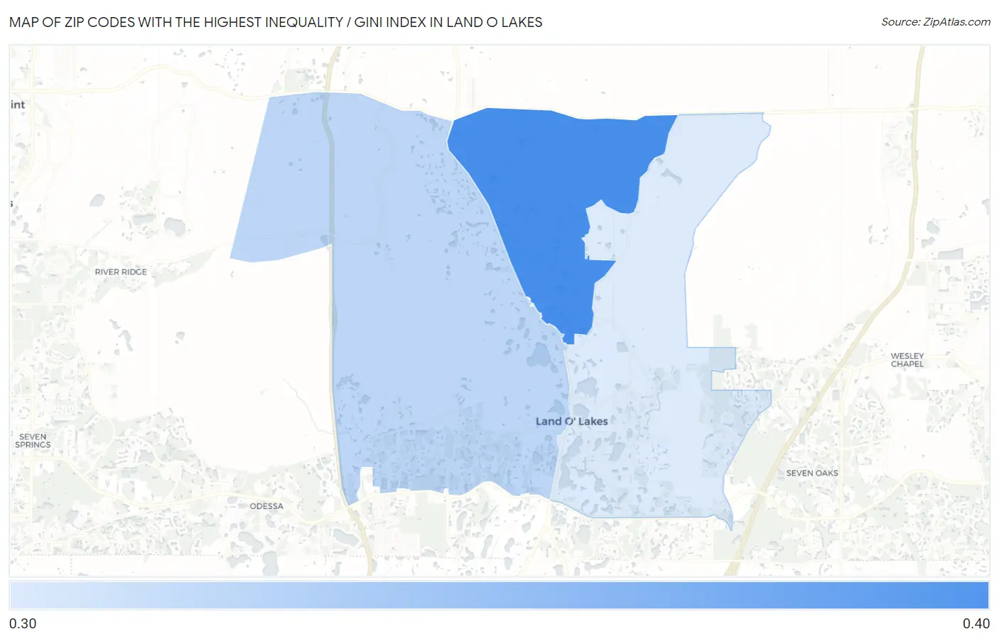 Zip Codes with the Highest Inequality / Gini Index in Land O Lakes Map