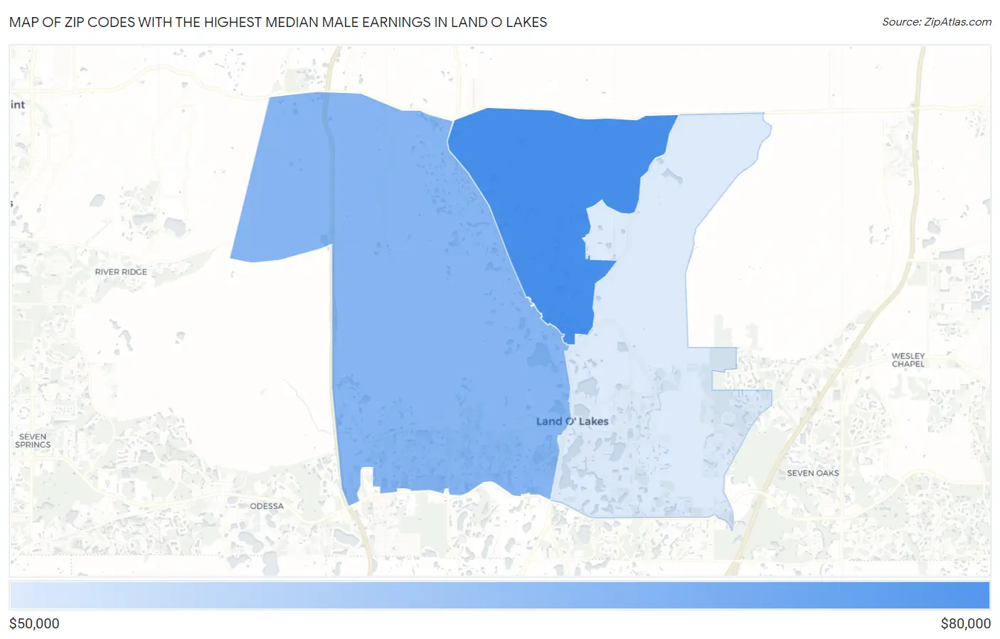 Zip Codes with the Highest Median Male Earnings in Land O Lakes Map