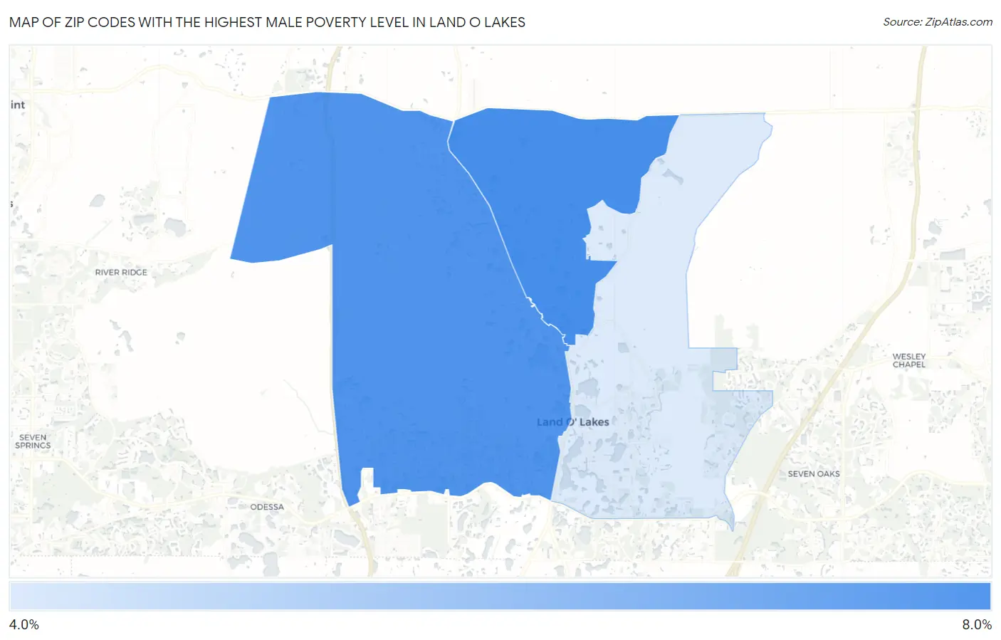 Zip Codes with the Highest Male Poverty Level in Land O Lakes Map