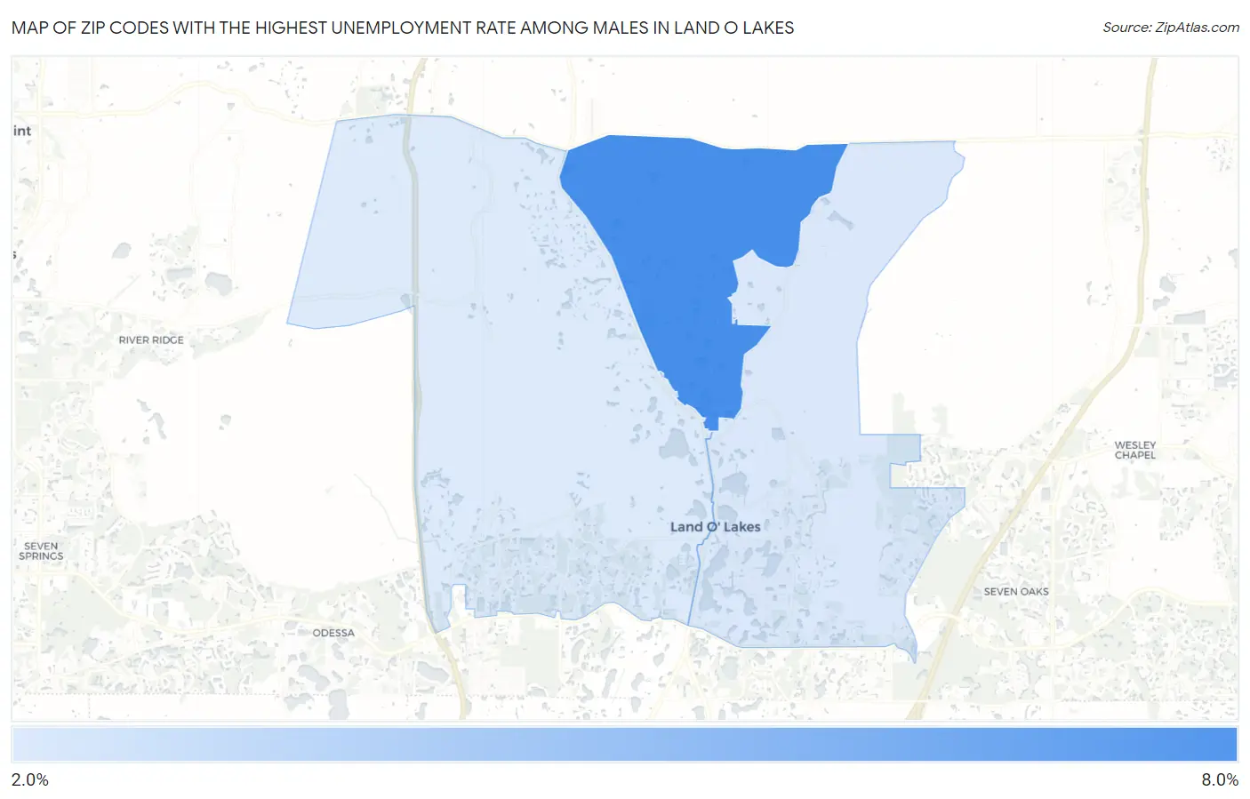 Zip Codes with the Highest Unemployment Rate Among Males in Land O Lakes Map