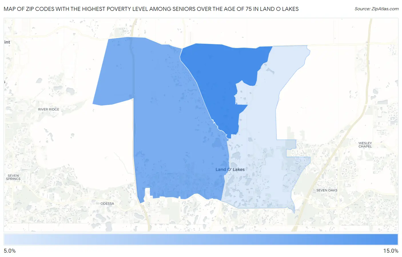 Zip Codes with the Highest Poverty Level Among Seniors Over the Age of 75 in Land O Lakes Map