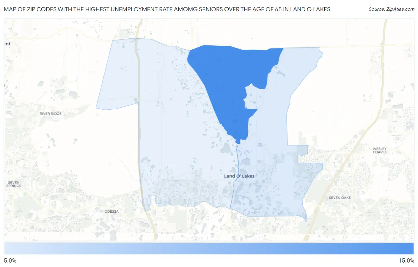 Zip Codes with the Highest Unemployment Rate Amomg Seniors Over the Age of 65 in Land O Lakes Map