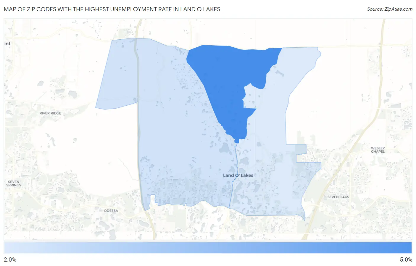Zip Codes with the Highest Unemployment Rate in Land O Lakes Map