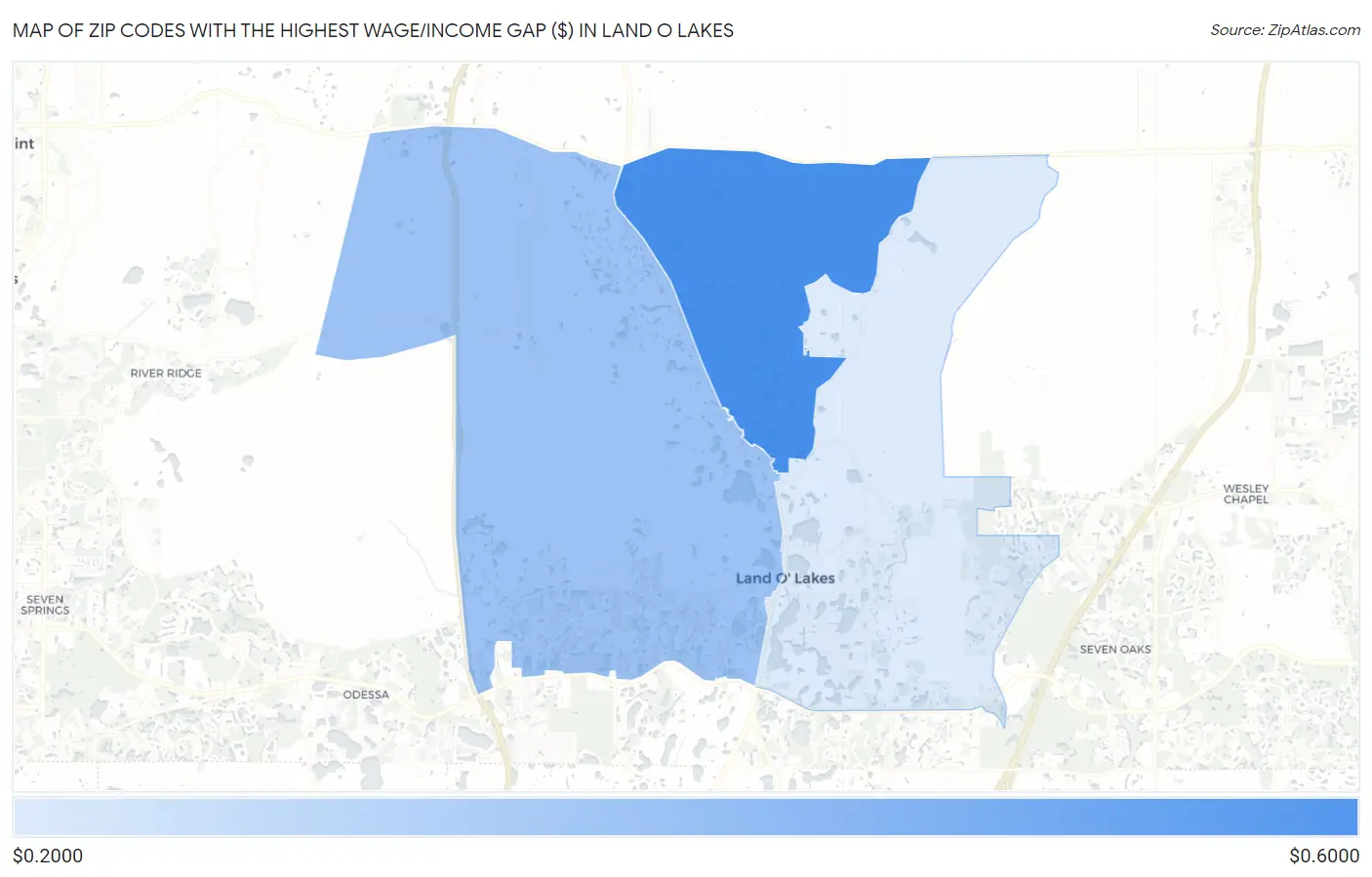 Zip Codes with the Highest Wage/Income Gap ($) in Land O Lakes Map