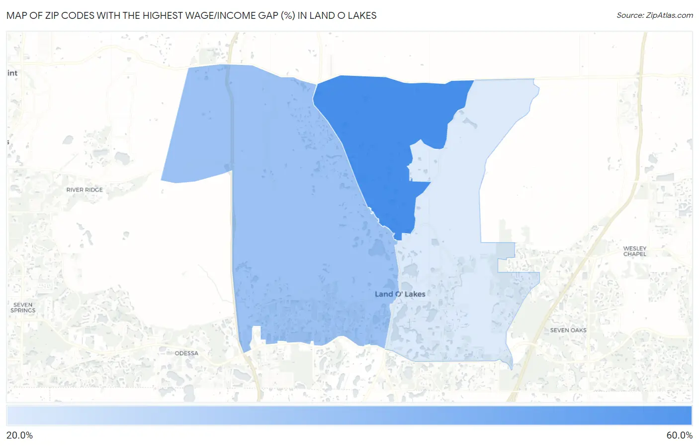 Zip Codes with the Highest Wage/Income Gap (%) in Land O Lakes Map