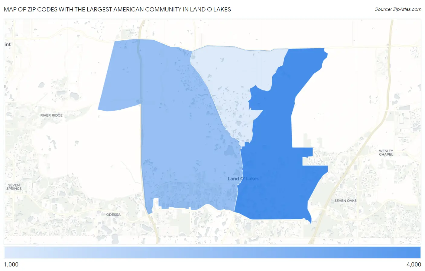 Zip Codes with the Largest American Community in Land O Lakes Map