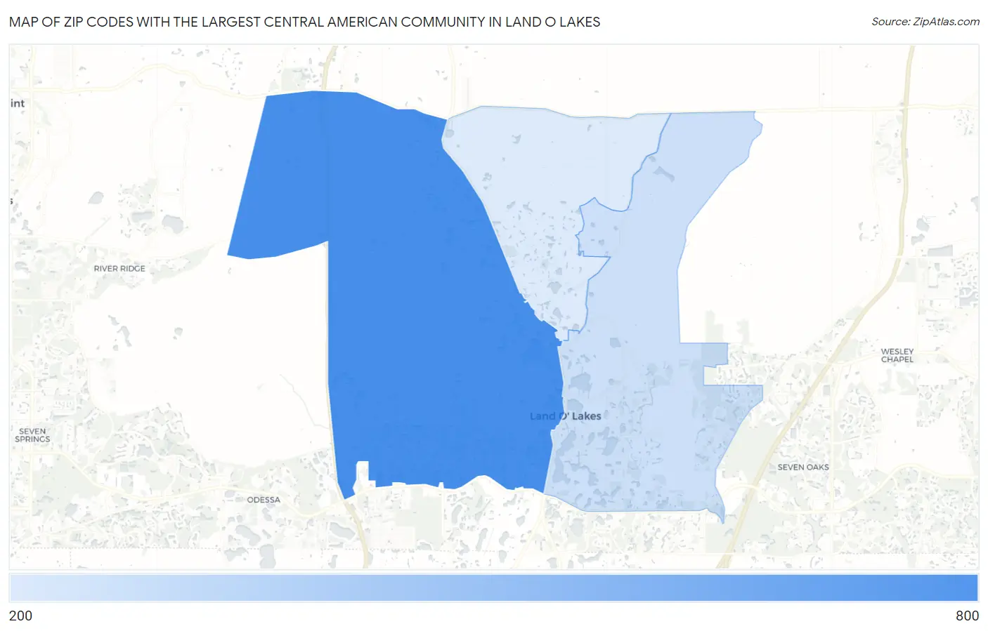 Zip Codes with the Largest Central American Community in Land O Lakes Map