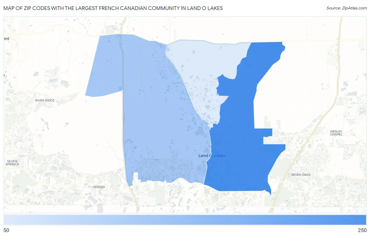 Zip Codes with the Largest French Canadian Community in Land O Lakes Map