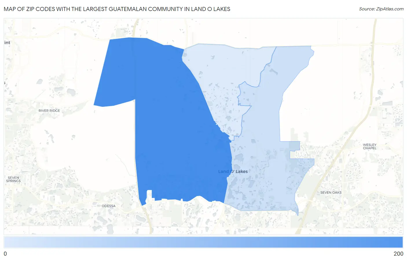 Zip Codes with the Largest Guatemalan Community in Land O Lakes Map