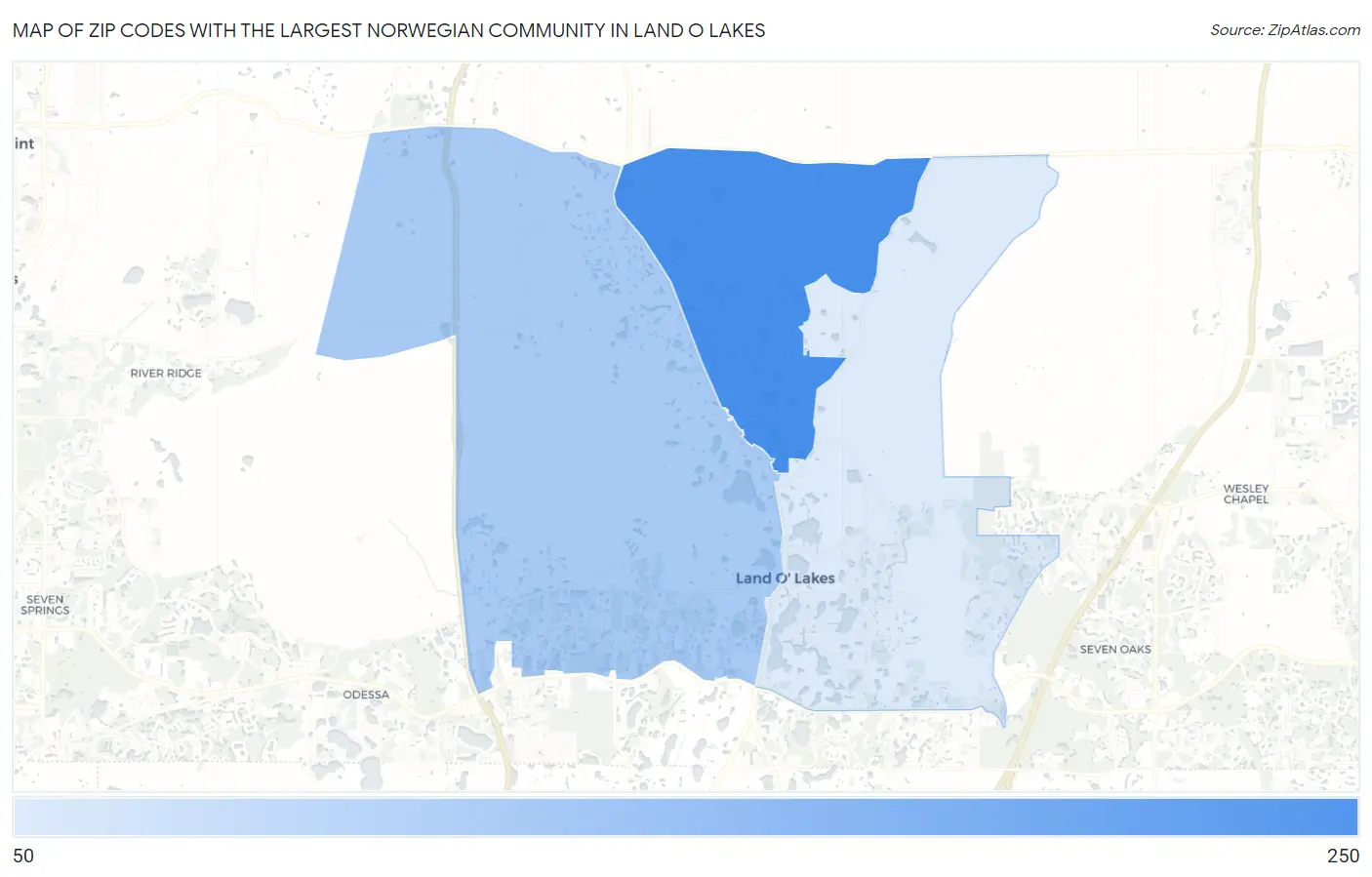 Zip Codes with the Largest Norwegian Community in Land O Lakes Map