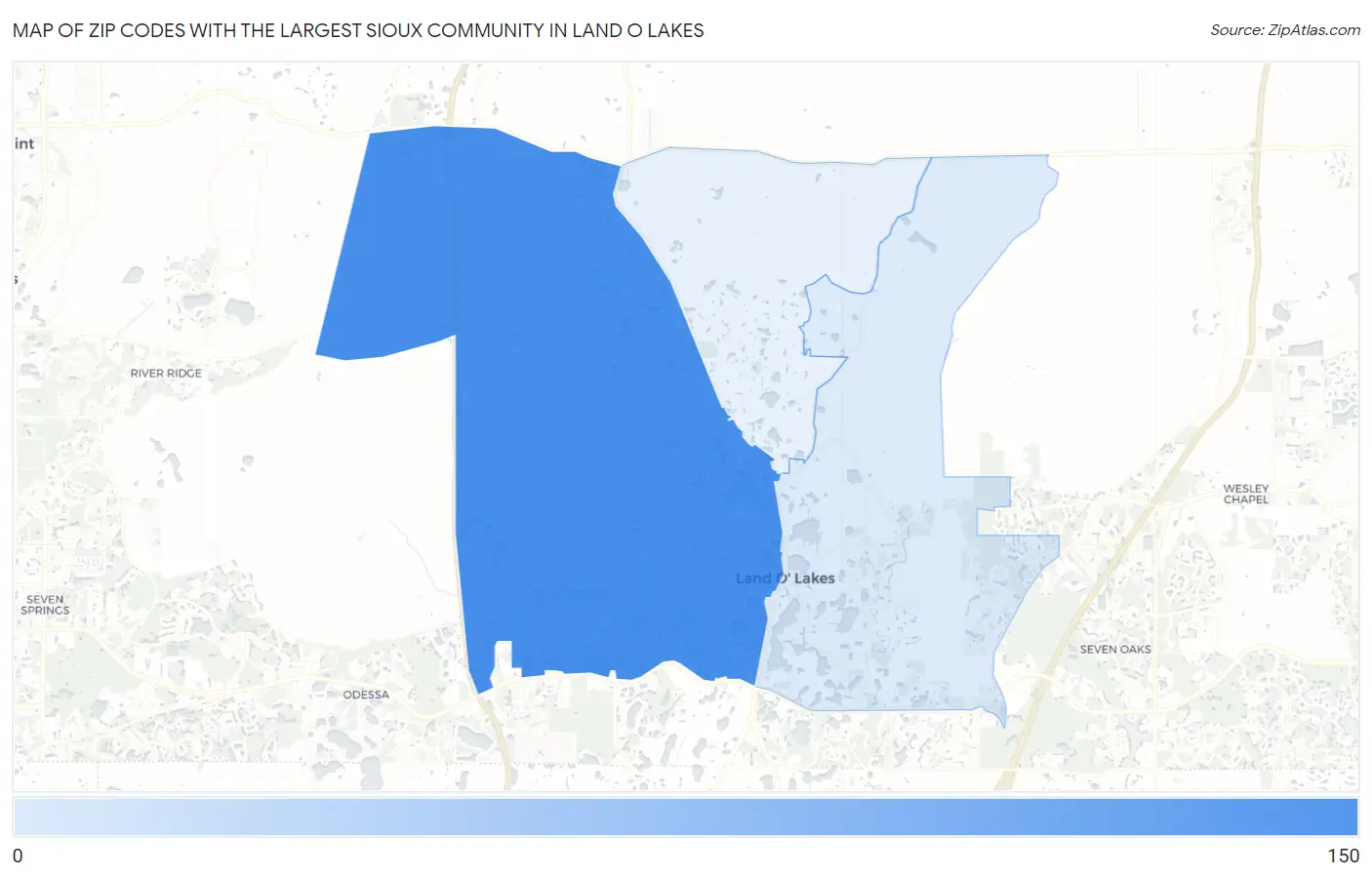 Zip Codes with the Largest Sioux Community in Land O Lakes Map