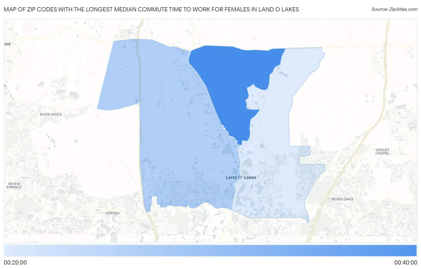 Zip Codes with the Longest Median Commute Time to Work for Females in Land O Lakes Map