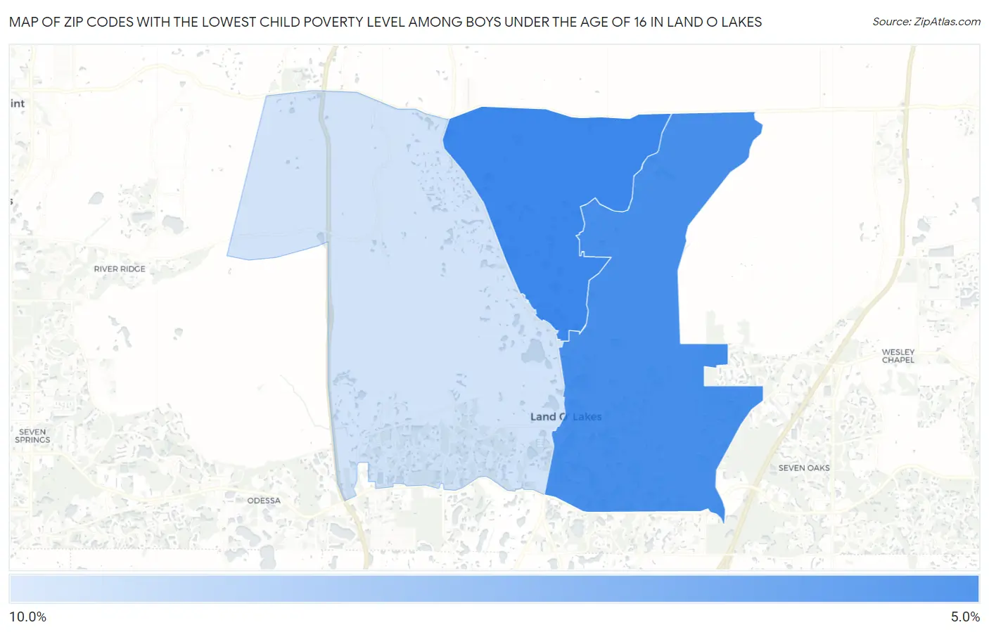 Zip Codes with the Lowest Child Poverty Level Among Boys Under the Age of 16 in Land O Lakes Map
