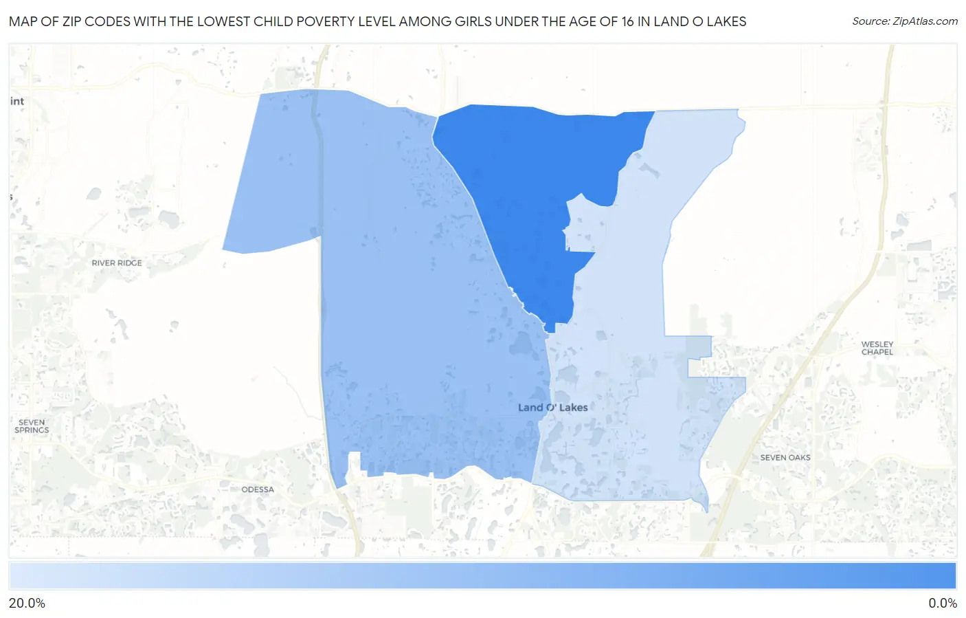 Zip Codes with the Lowest Child Poverty Level Among Girls Under the Age of 16 in Land O Lakes Map