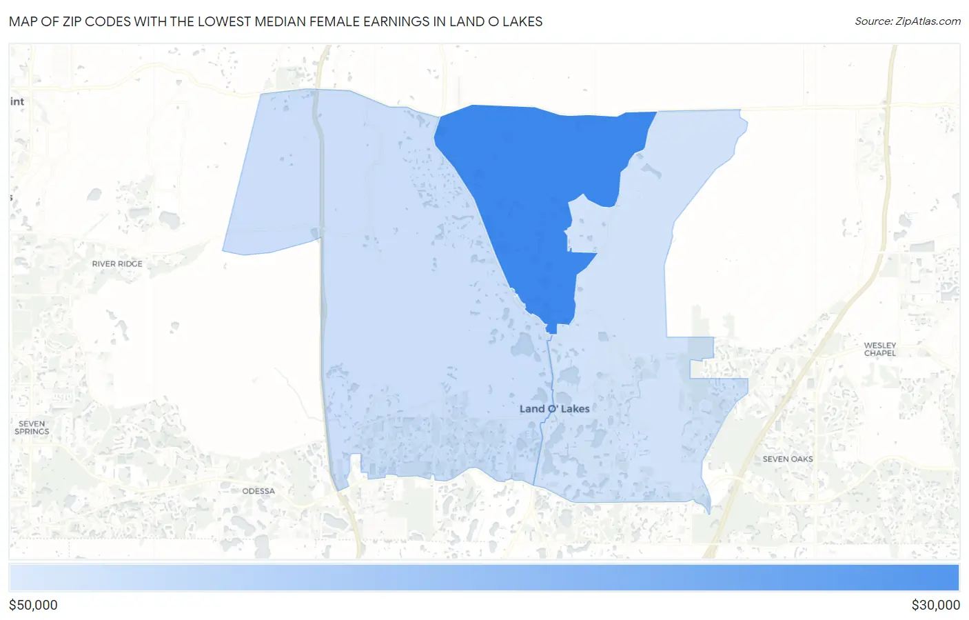 Zip Codes with the Lowest Median Female Earnings in Land O Lakes Map
