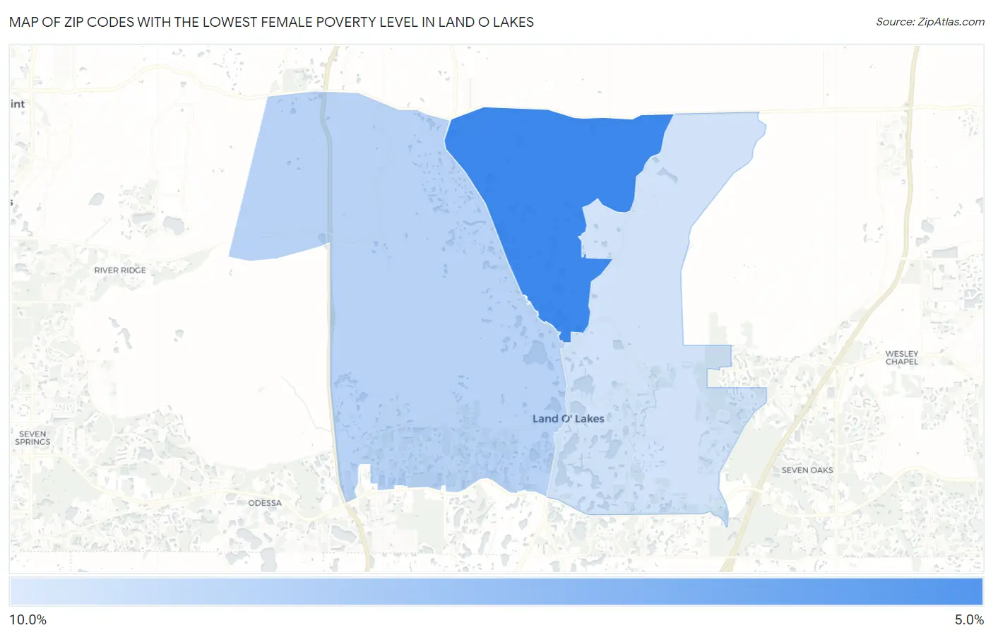 Zip Codes with the Lowest Female Poverty Level in Land O Lakes Map