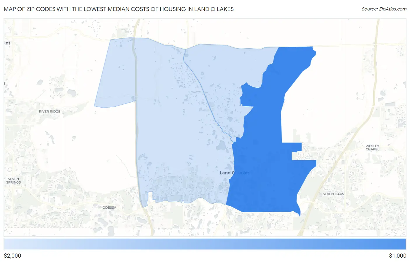Zip Codes with the Lowest Median Costs of Housing in Land O Lakes Map