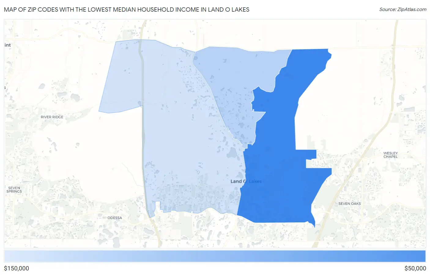 Zip Codes with the Lowest Median Household Income in Land O Lakes Map