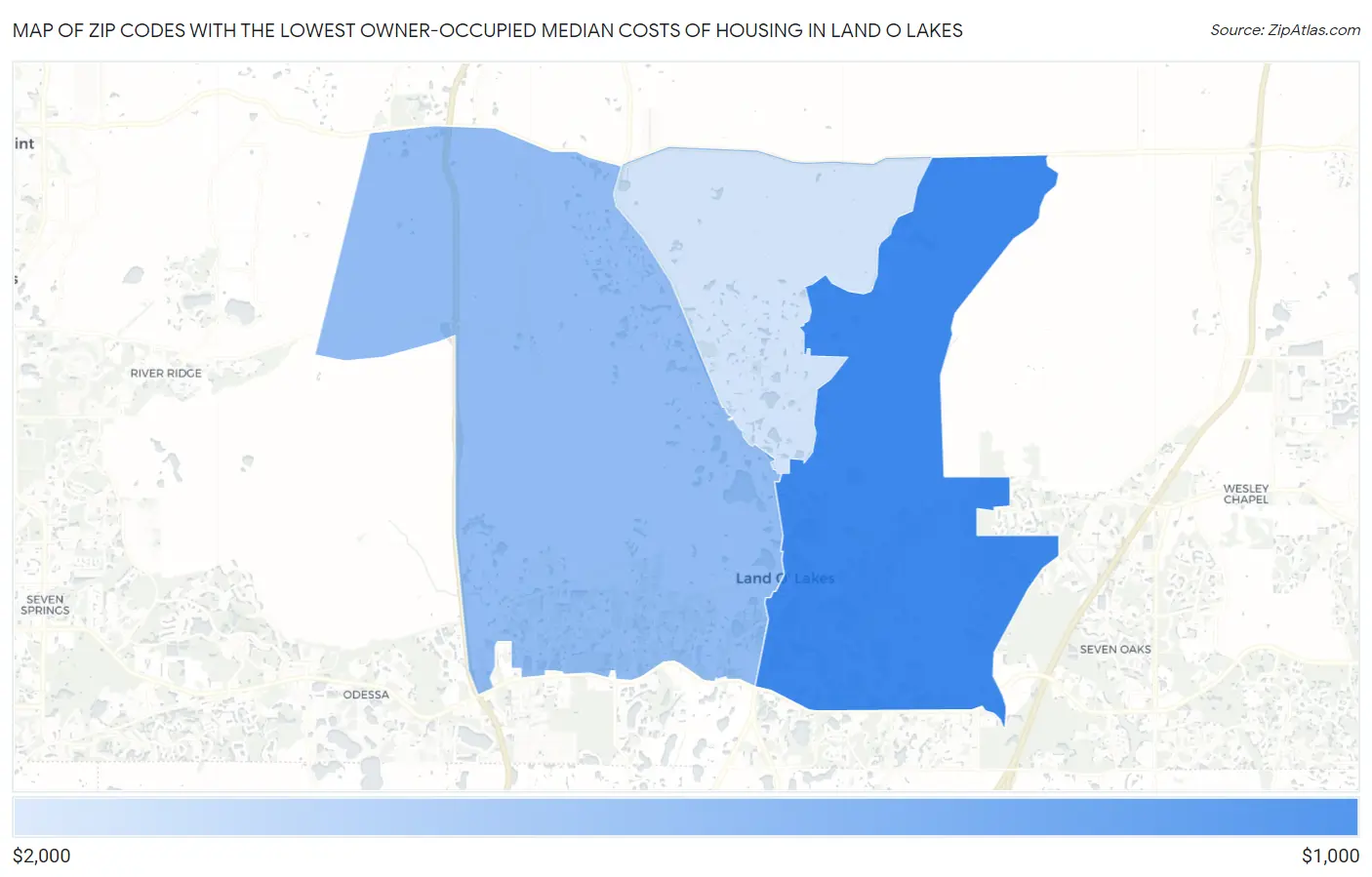Zip Codes with the Lowest Owner-Occupied Median Costs of Housing in Land O Lakes Map