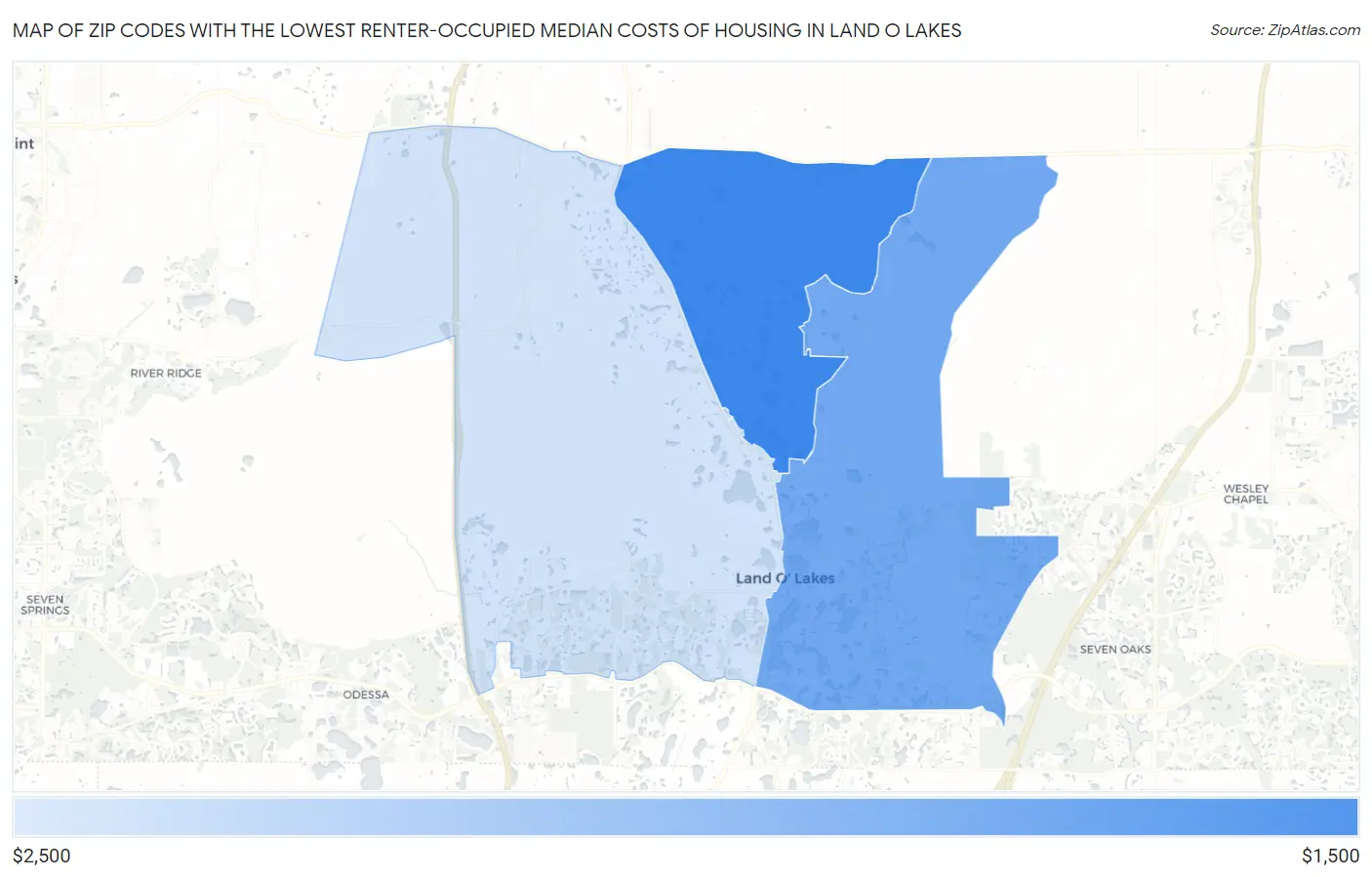 Zip Codes with the Lowest Renter-Occupied Median Costs of Housing in Land O Lakes Map