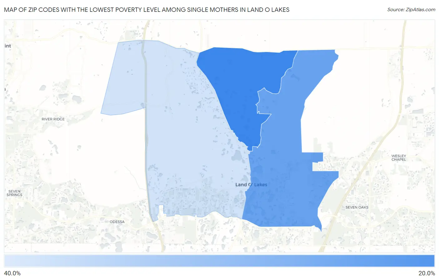 Zip Codes with the Lowest Poverty Level Among Single Mothers in Land O Lakes Map