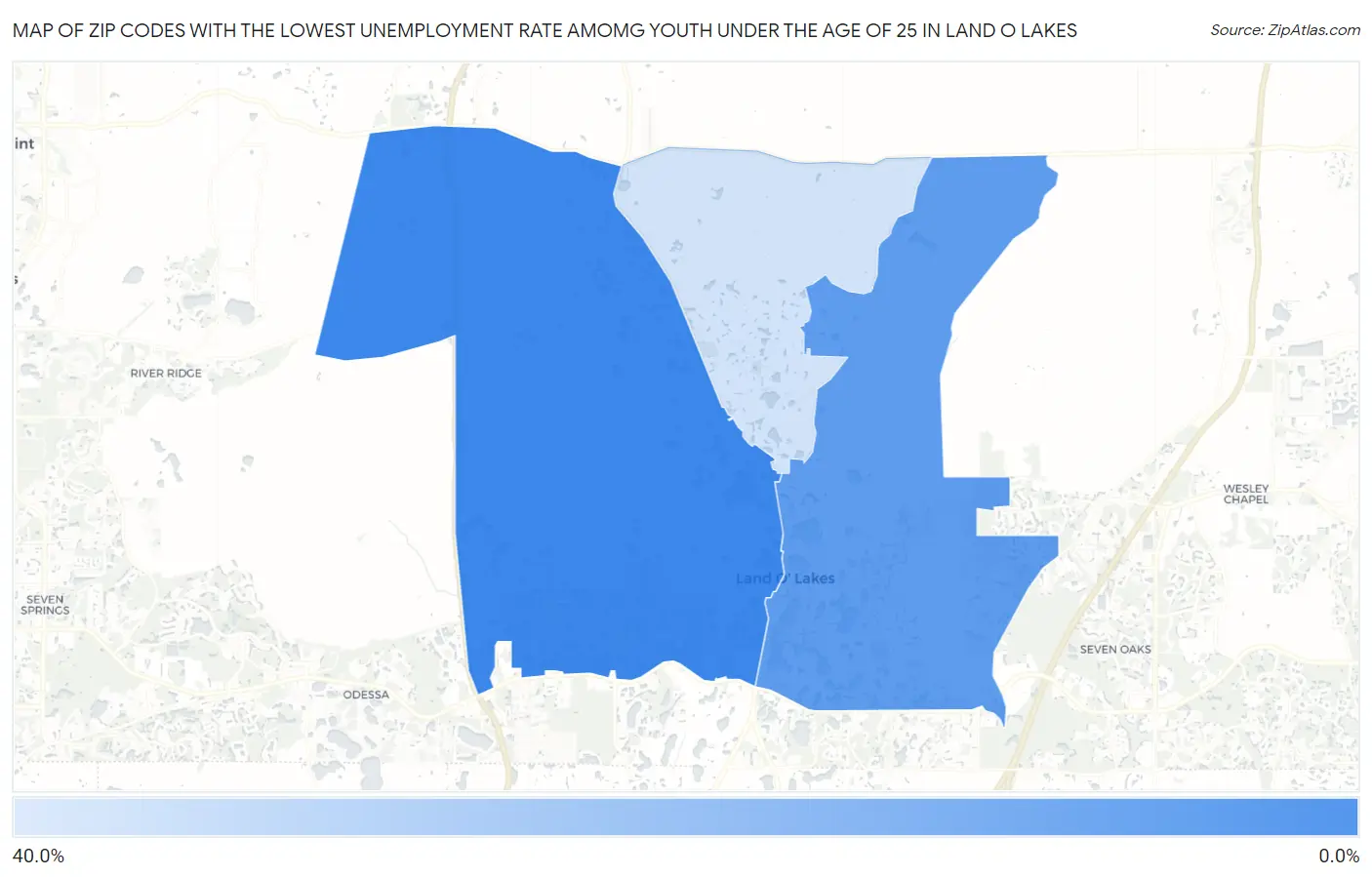 Zip Codes with the Lowest Unemployment Rate Amomg Youth Under the Age of 25 in Land O Lakes Map