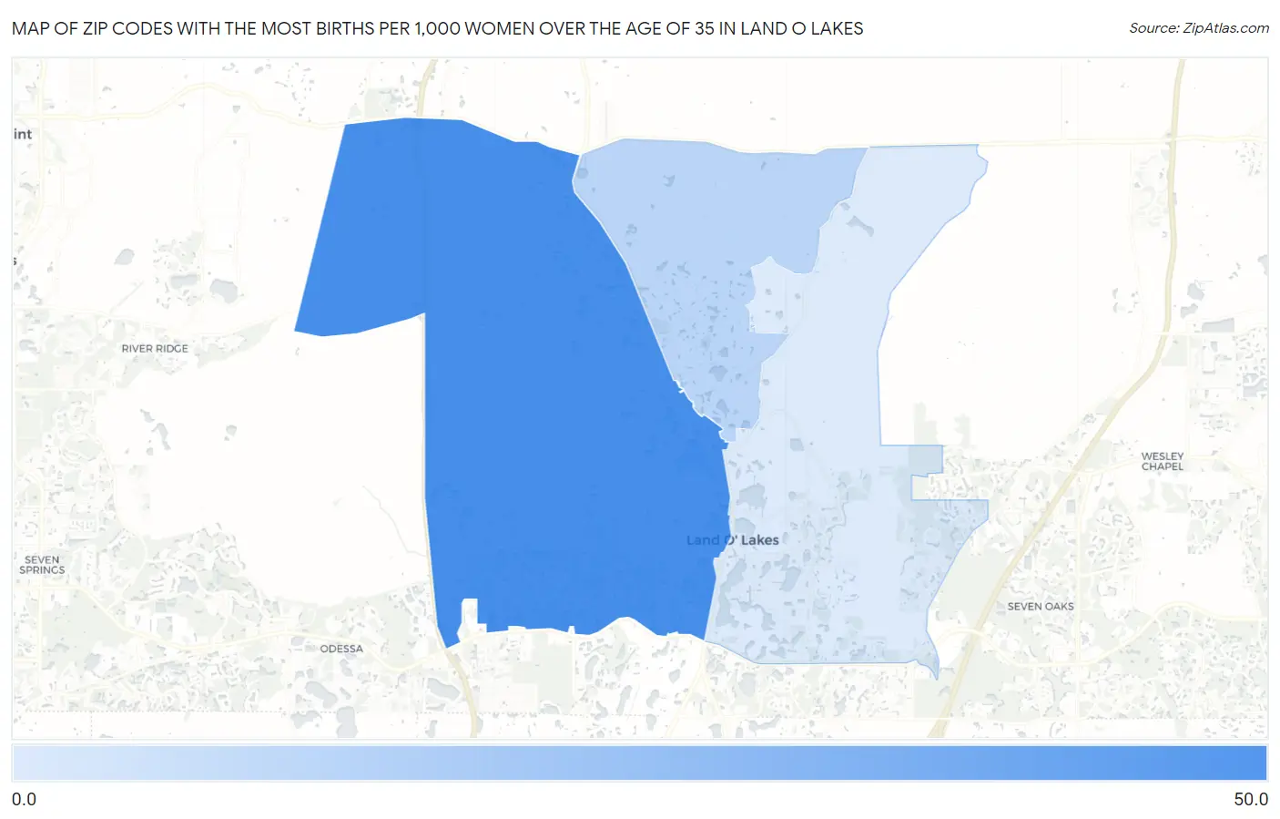 Zip Codes with the Most Births per 1,000 Women Over the Age of 35 in Land O Lakes Map