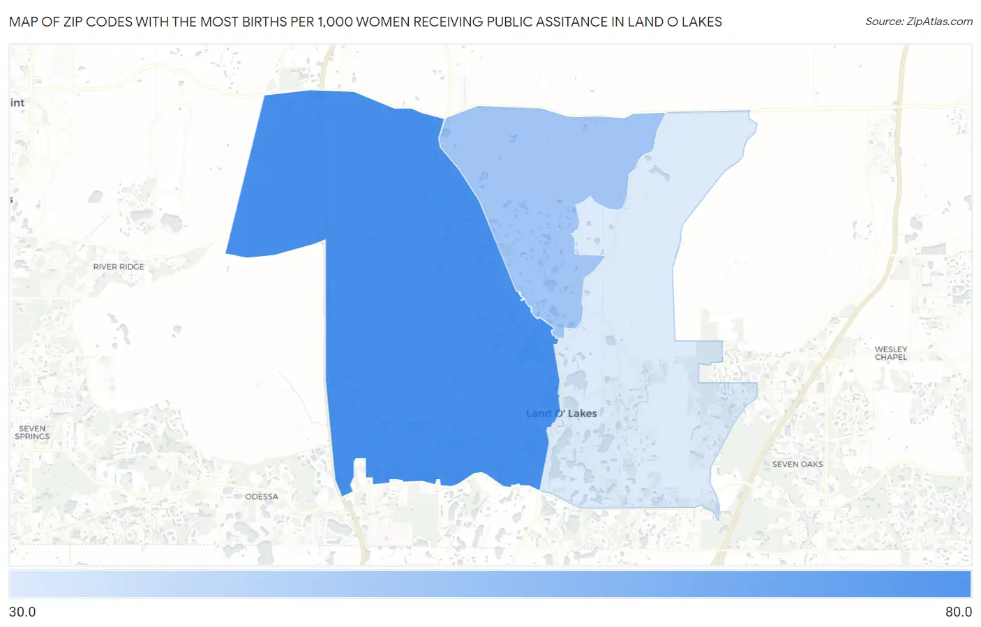 Zip Codes with the Most Births per 1,000 Women Receiving Public Assitance in Land O Lakes Map