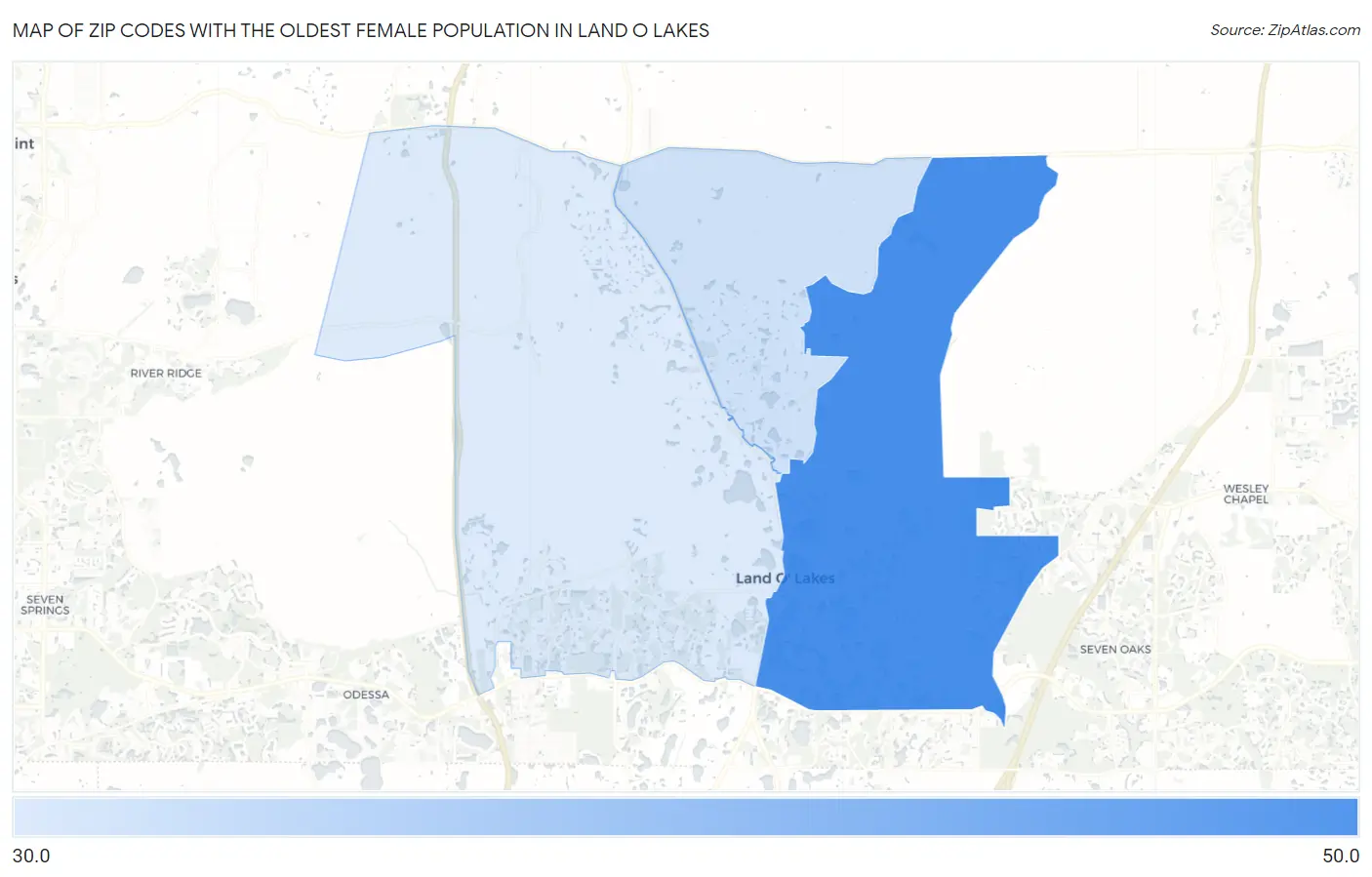 Zip Codes with the Oldest Female Population in Land O Lakes Map