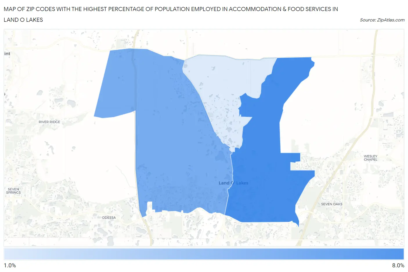 Zip Codes with the Highest Percentage of Population Employed in Accommodation & Food Services in Land O Lakes Map