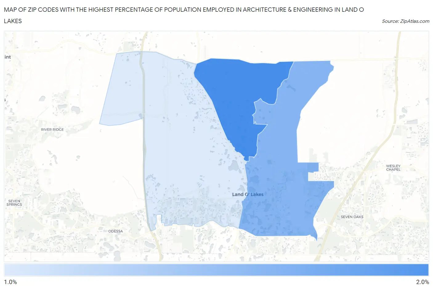 Zip Codes with the Highest Percentage of Population Employed in Architecture & Engineering in Land O Lakes Map
