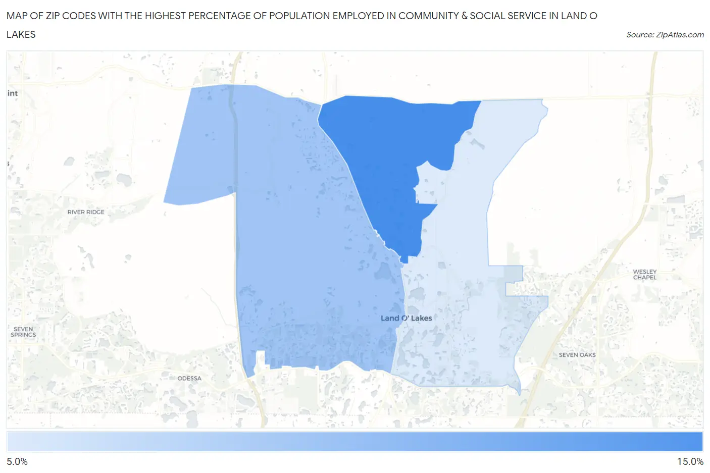 Zip Codes with the Highest Percentage of Population Employed in Community & Social Service  in Land O Lakes Map