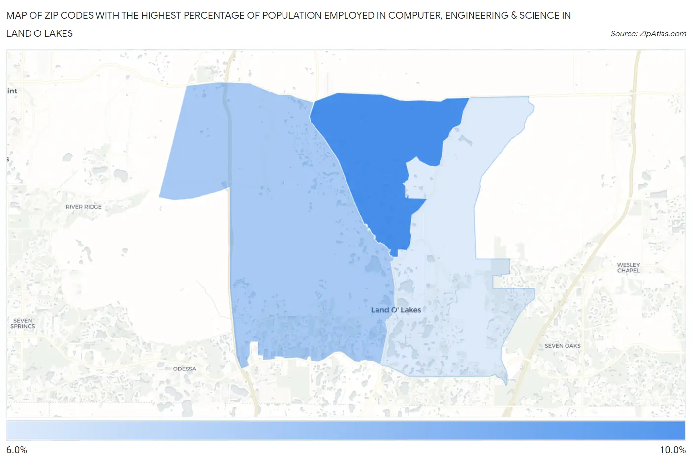 Zip Codes with the Highest Percentage of Population Employed in Computer, Engineering & Science in Land O Lakes Map
