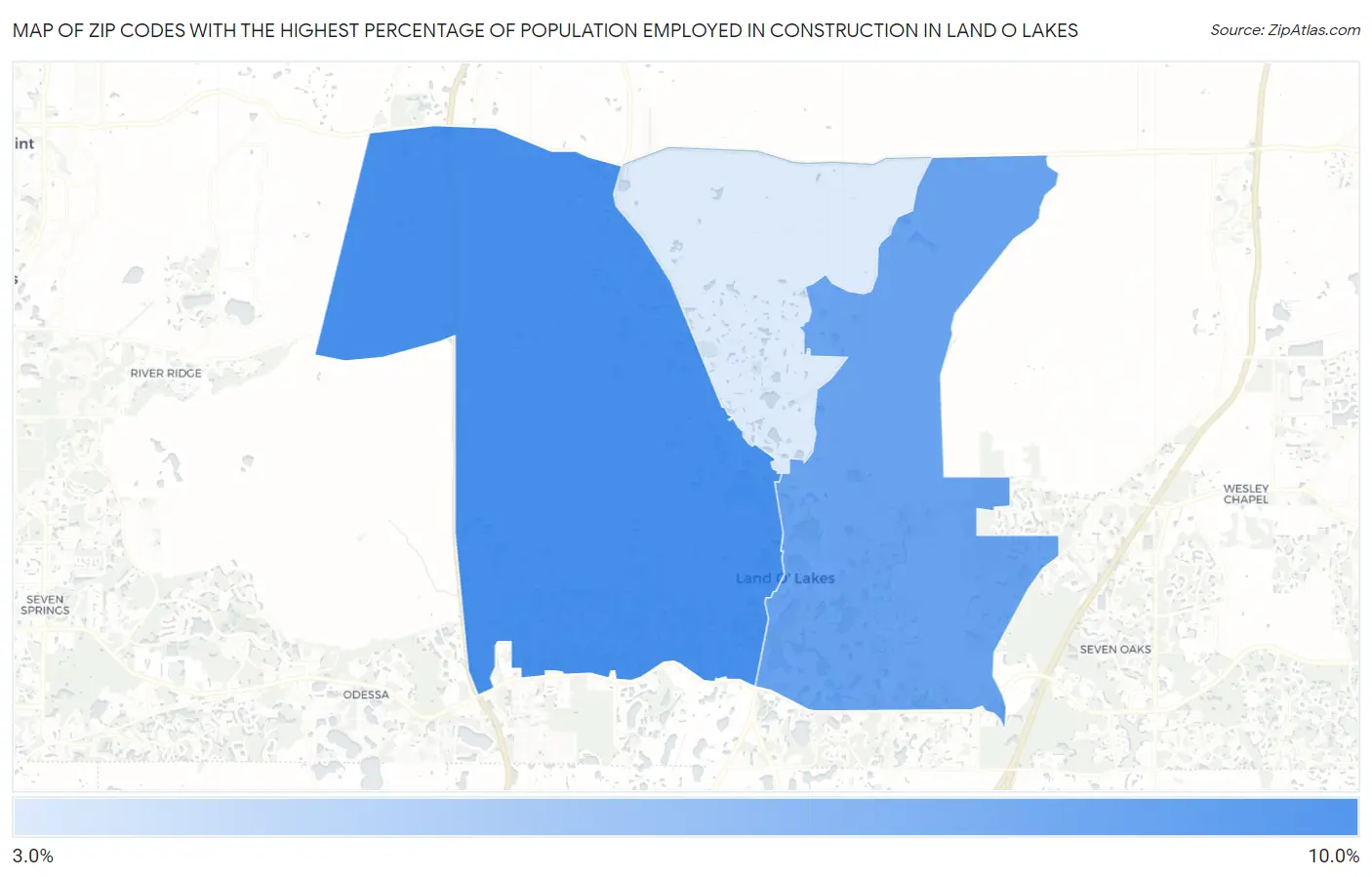 Zip Codes with the Highest Percentage of Population Employed in Construction in Land O Lakes Map