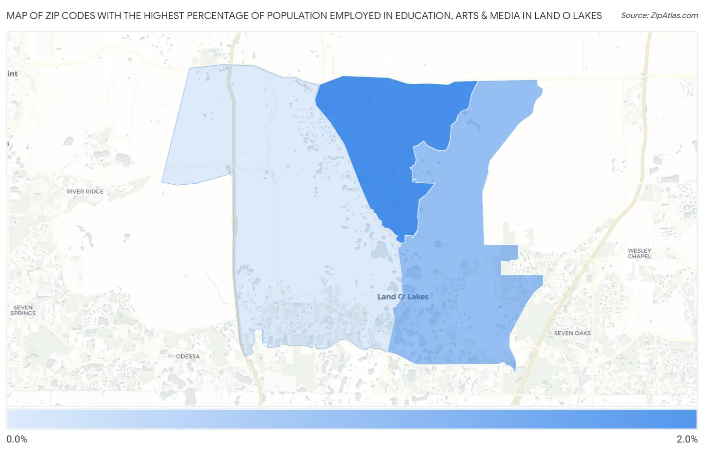 Zip Codes with the Highest Percentage of Population Employed in Education, Arts & Media in Land O Lakes Map