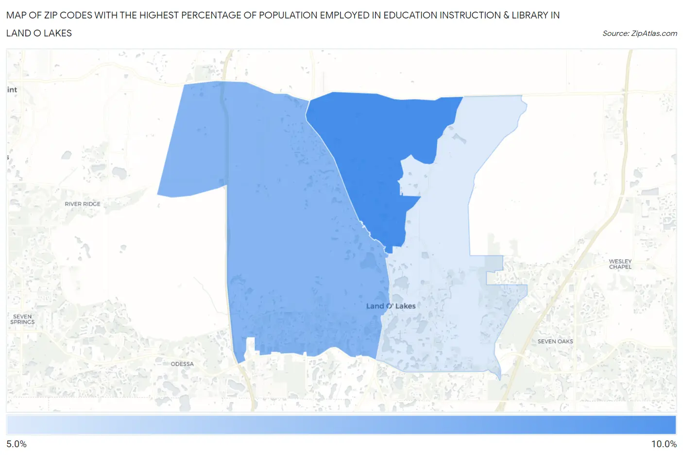 Zip Codes with the Highest Percentage of Population Employed in Education Instruction & Library in Land O Lakes Map