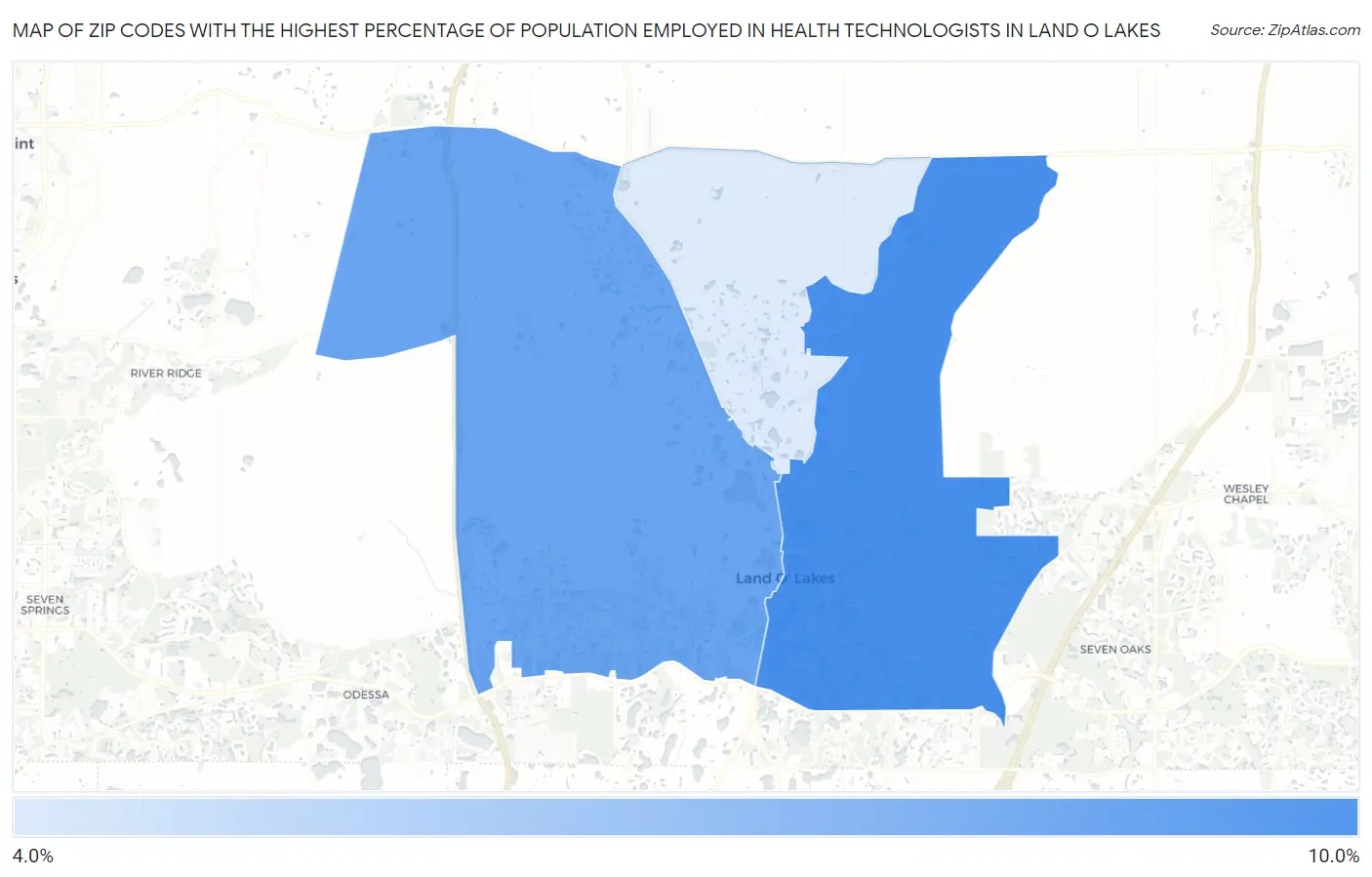 Zip Codes with the Highest Percentage of Population Employed in Health Technologists in Land O Lakes Map