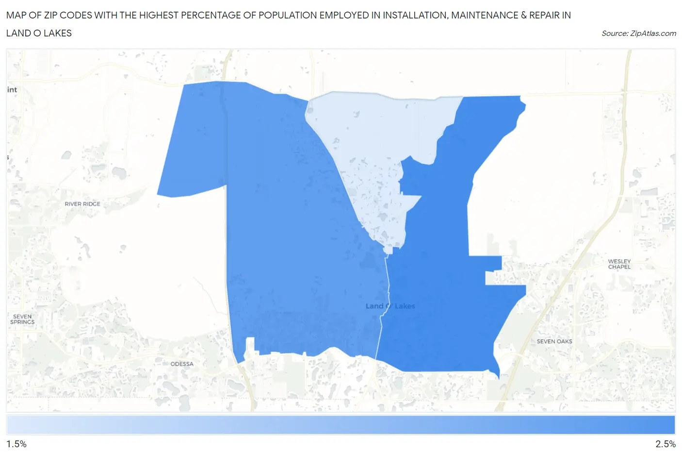 Zip Codes with the Highest Percentage of Population Employed in Installation, Maintenance & Repair in Land O Lakes Map