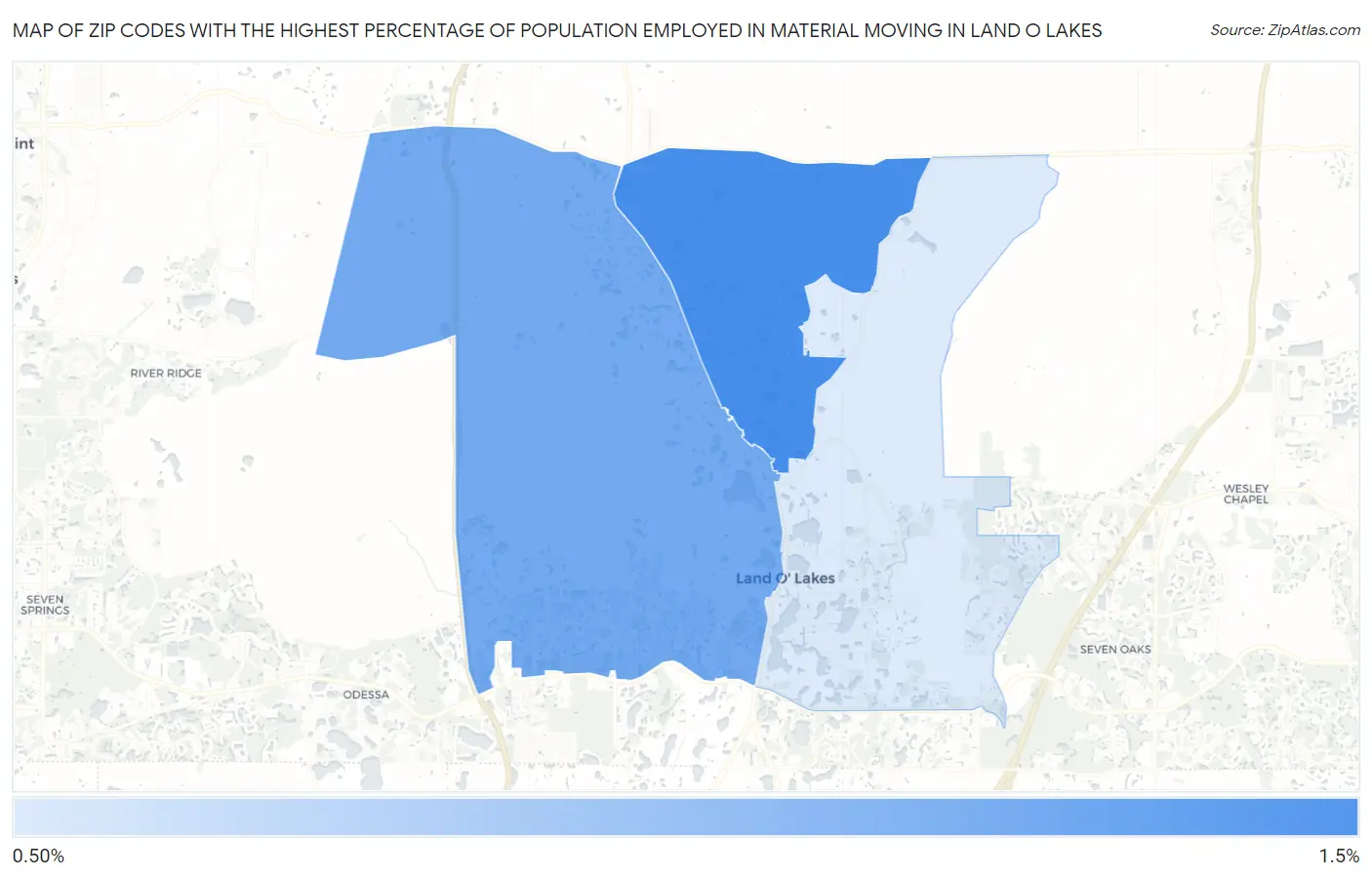 Zip Codes with the Highest Percentage of Population Employed in Material Moving in Land O Lakes Map