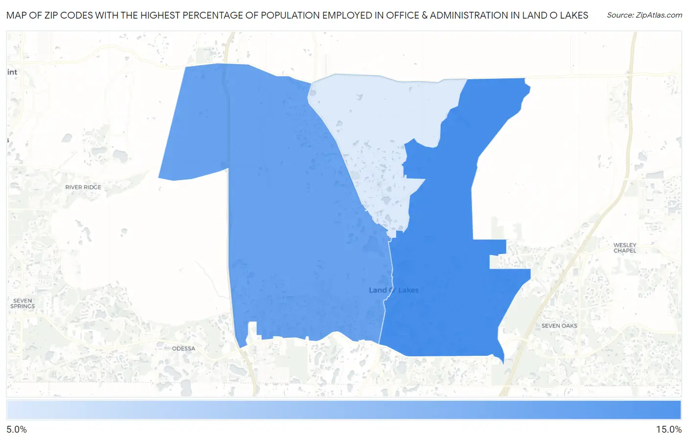 Zip Codes with the Highest Percentage of Population Employed in Office & Administration in Land O Lakes Map