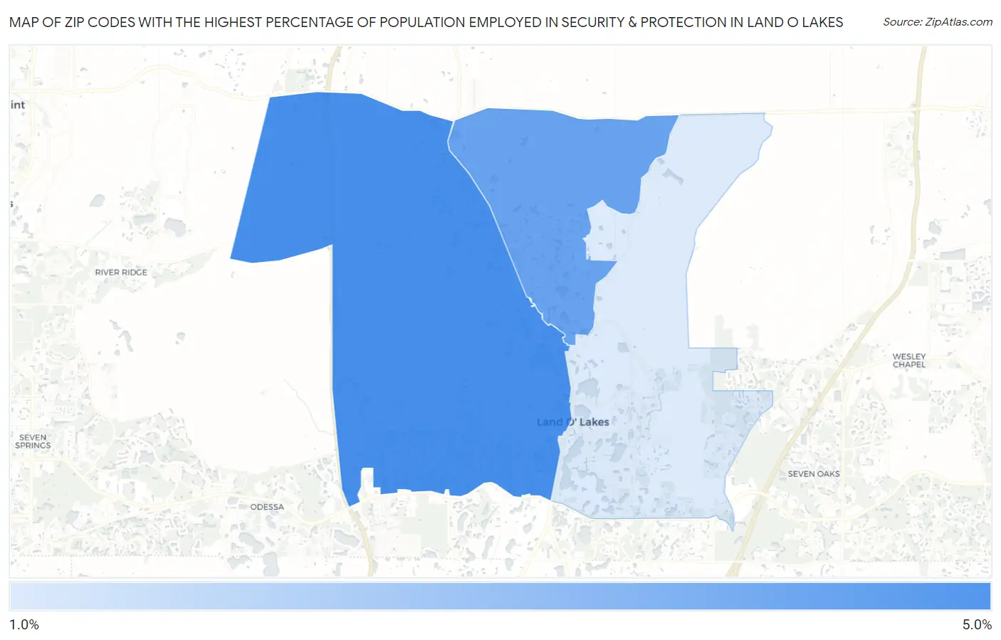 Zip Codes with the Highest Percentage of Population Employed in Security & Protection in Land O Lakes Map