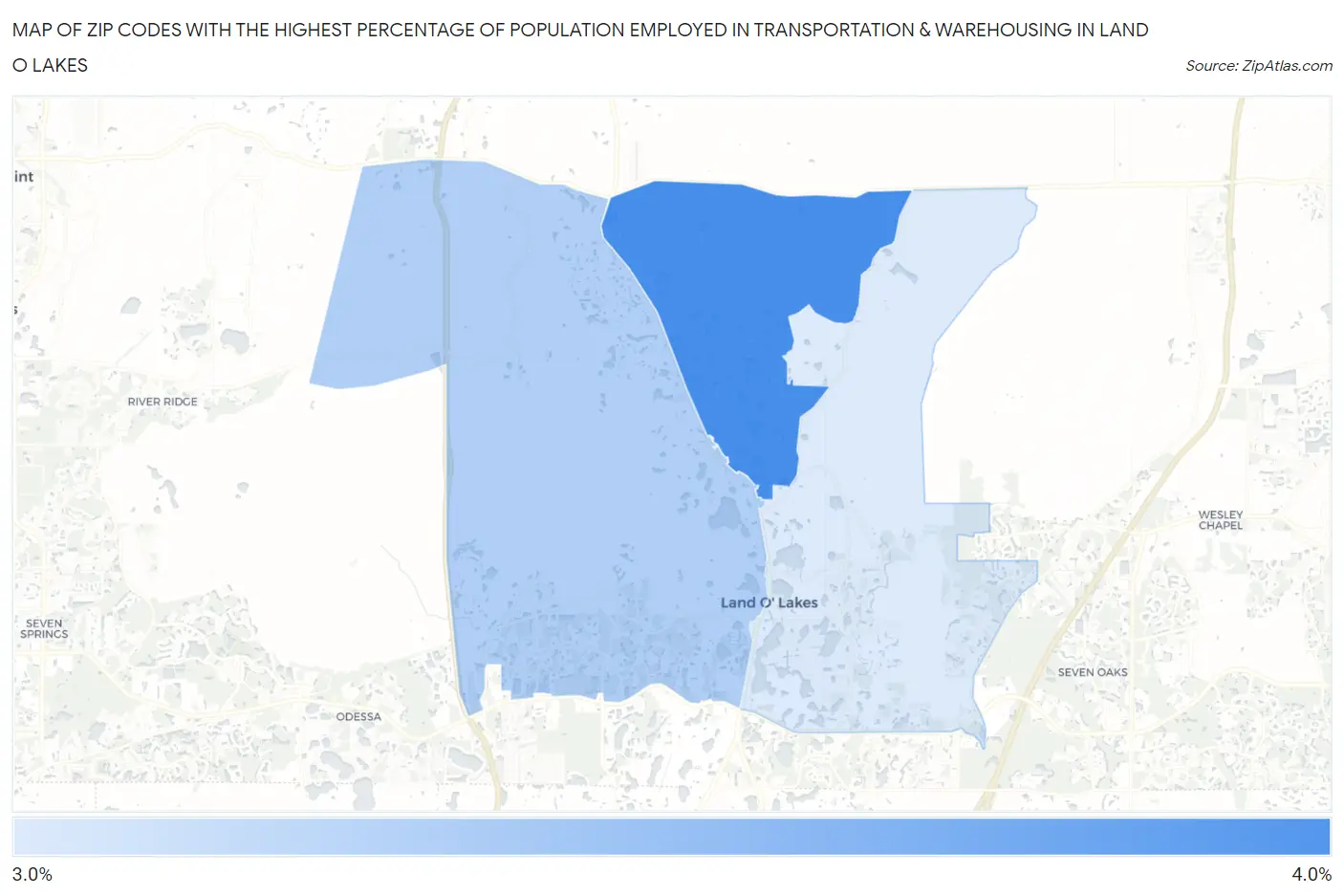Zip Codes with the Highest Percentage of Population Employed in Transportation & Warehousing in Land O Lakes Map