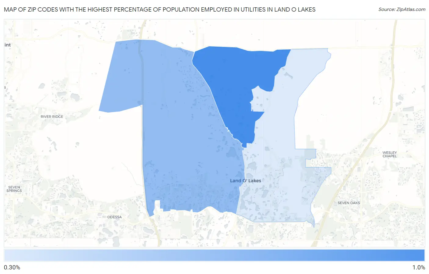 Zip Codes with the Highest Percentage of Population Employed in Utilities in Land O Lakes Map