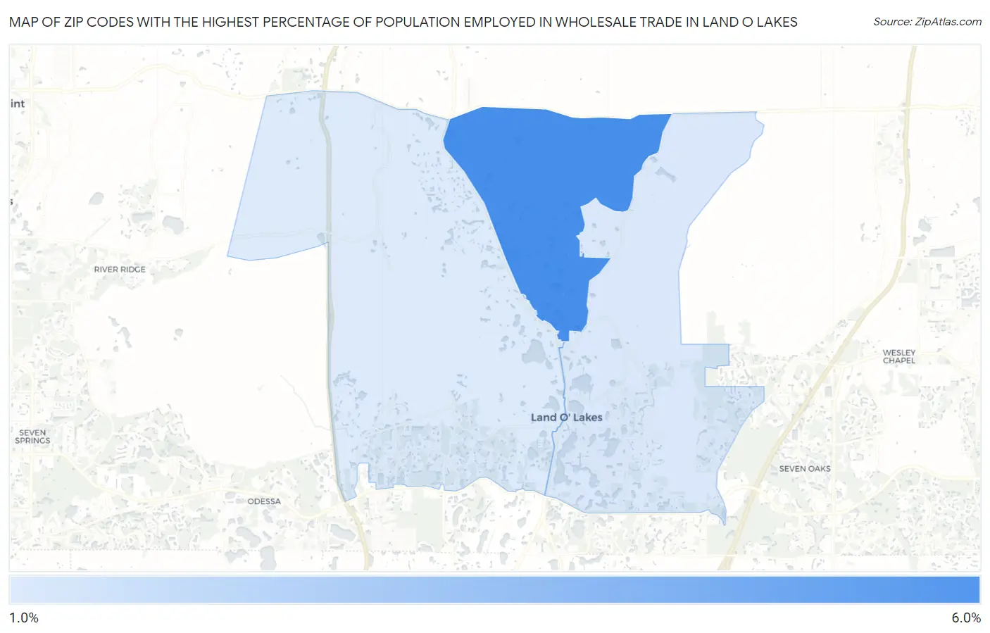 Zip Codes with the Highest Percentage of Population Employed in Wholesale Trade in Land O Lakes Map
