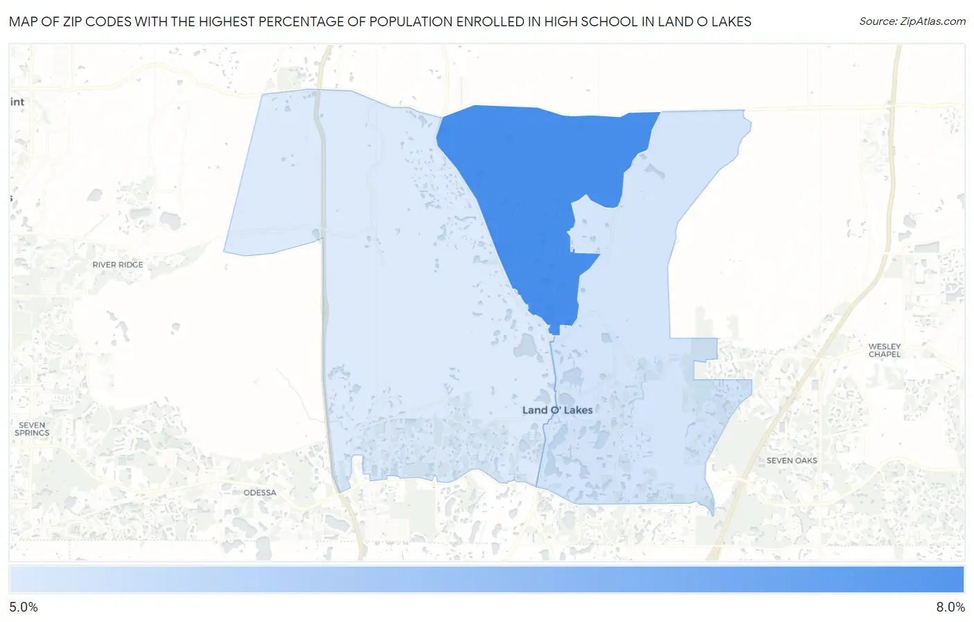 Zip Codes with the Highest Percentage of Population Enrolled in High School in Land O Lakes Map