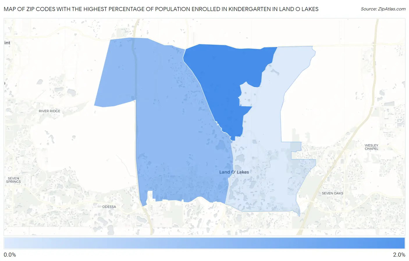 Zip Codes with the Highest Percentage of Population Enrolled in Kindergarten in Land O Lakes Map