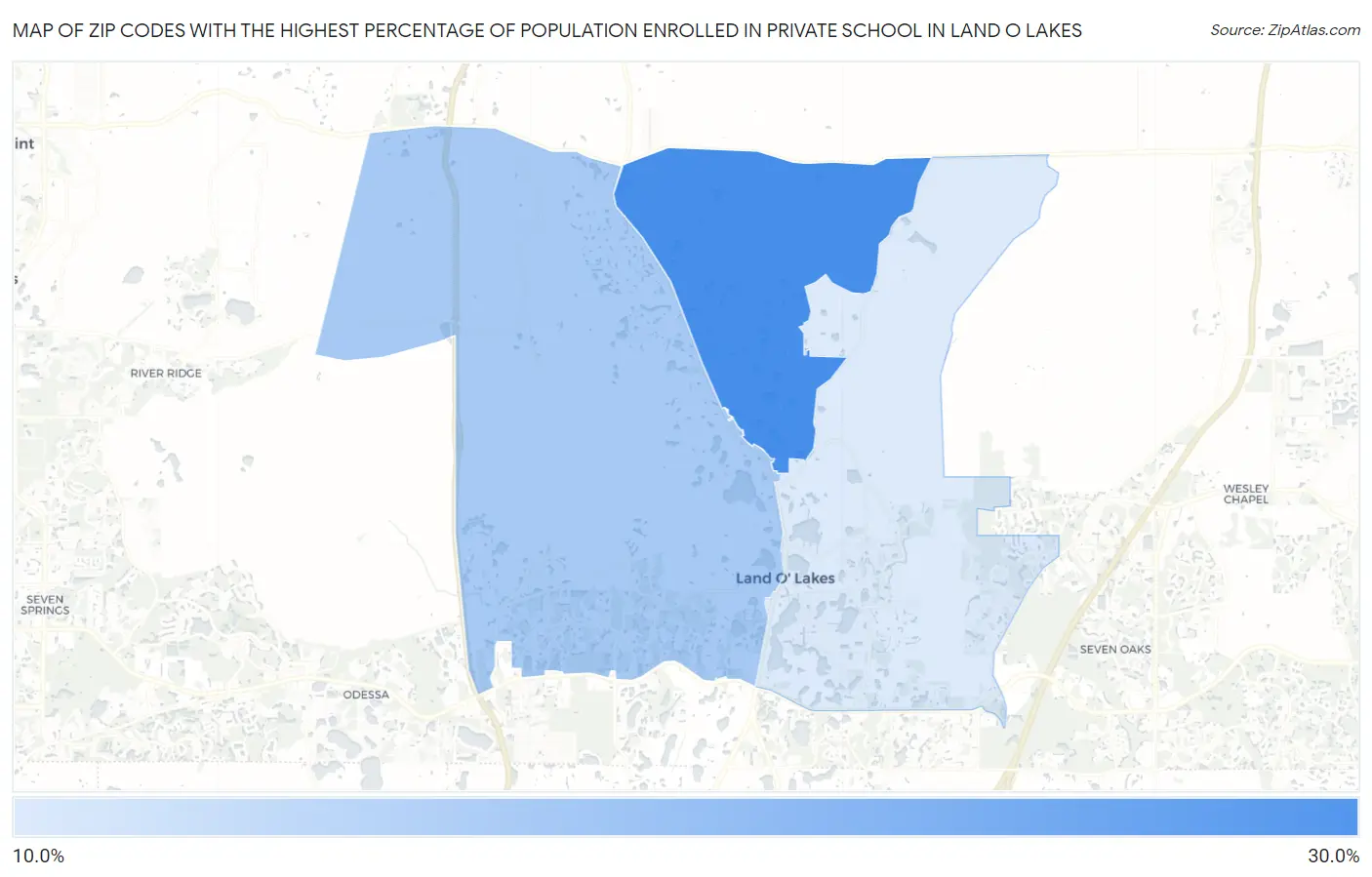 Zip Codes with the Highest Percentage of Population Enrolled in Private School in Land O Lakes Map
