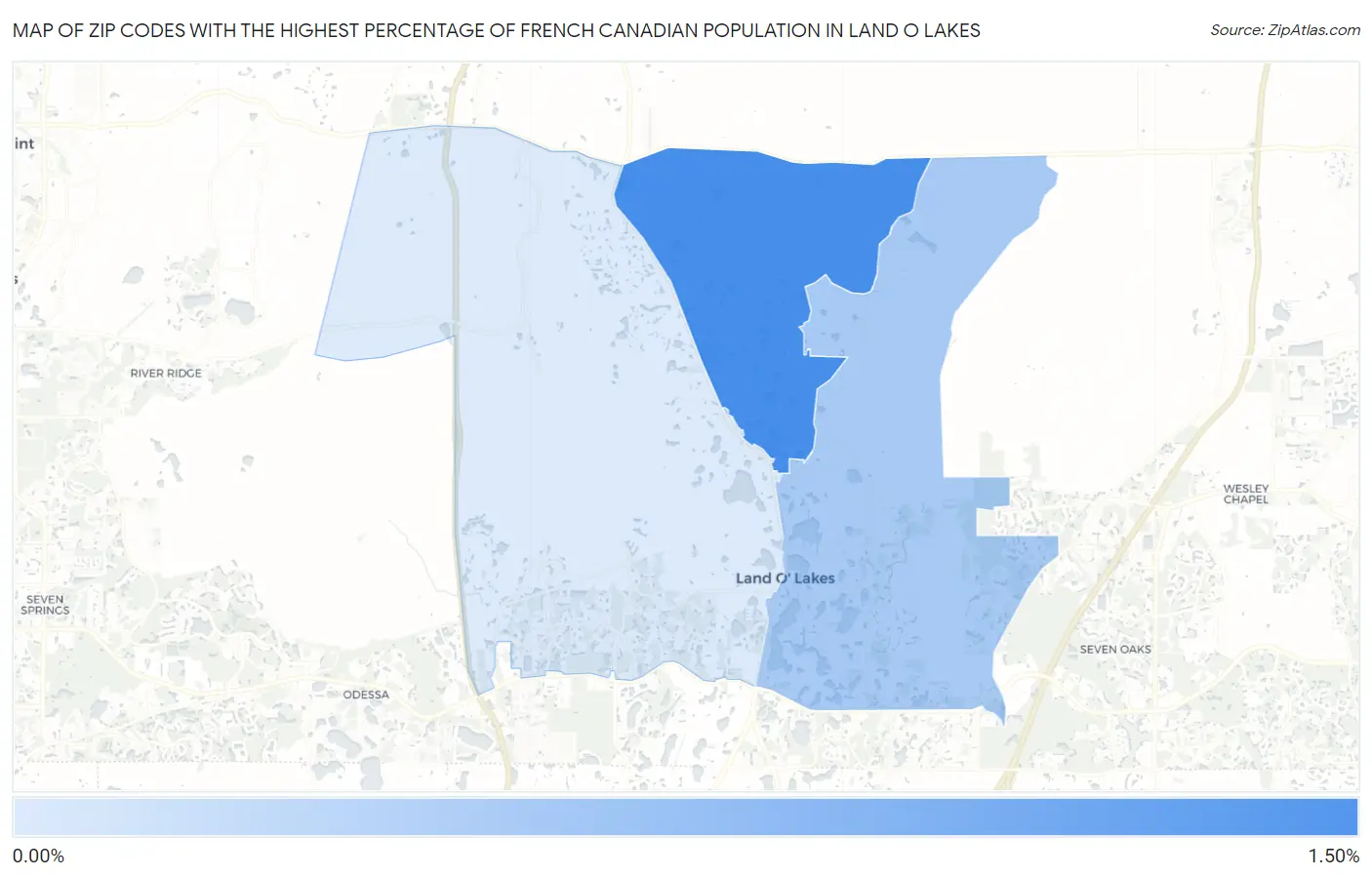 Zip Codes with the Highest Percentage of French Canadian Population in Land O Lakes Map