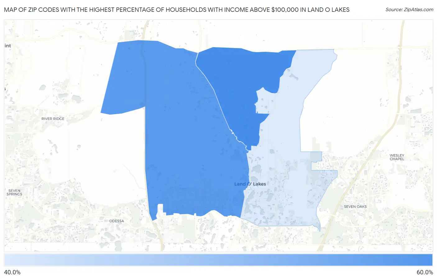 Zip Codes with the Highest Percentage of Households with Income Above $100,000 in Land O Lakes Map